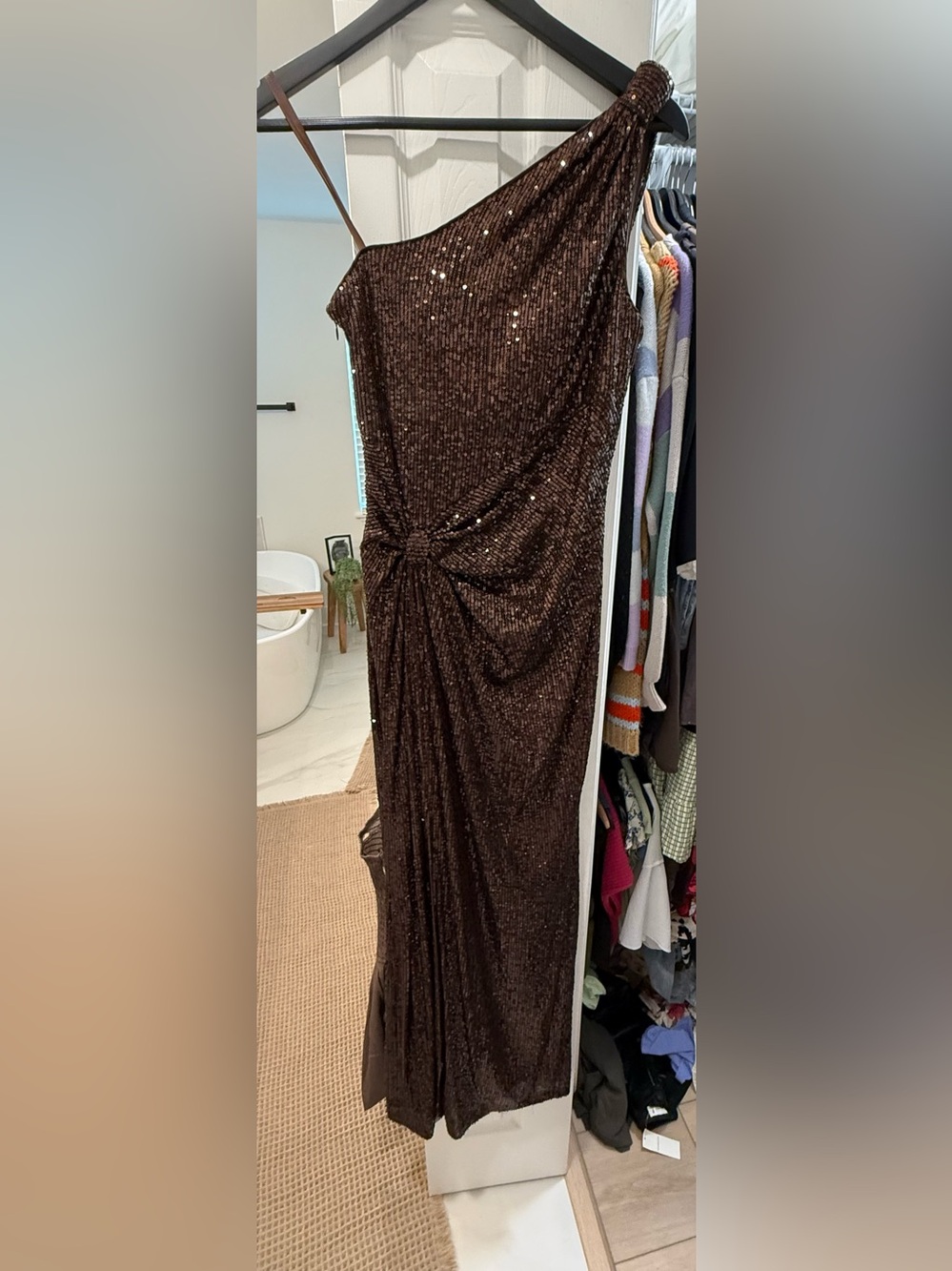 Eliza J One-Shoulder Brown Sequin Evening Gown